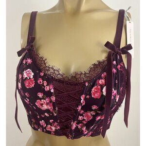Victoria's Secret Dream Angels Long LIne Bra Corset Purple Floral Lace Front XS